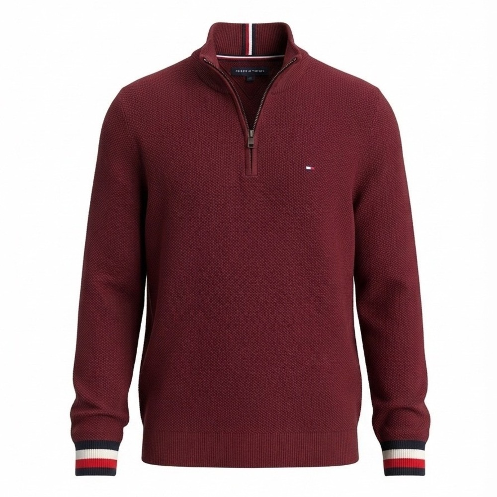 Tommy Hilfiger Mens Burgundy Waffle Knit Quarter Zip Sweater L 78J1687 601